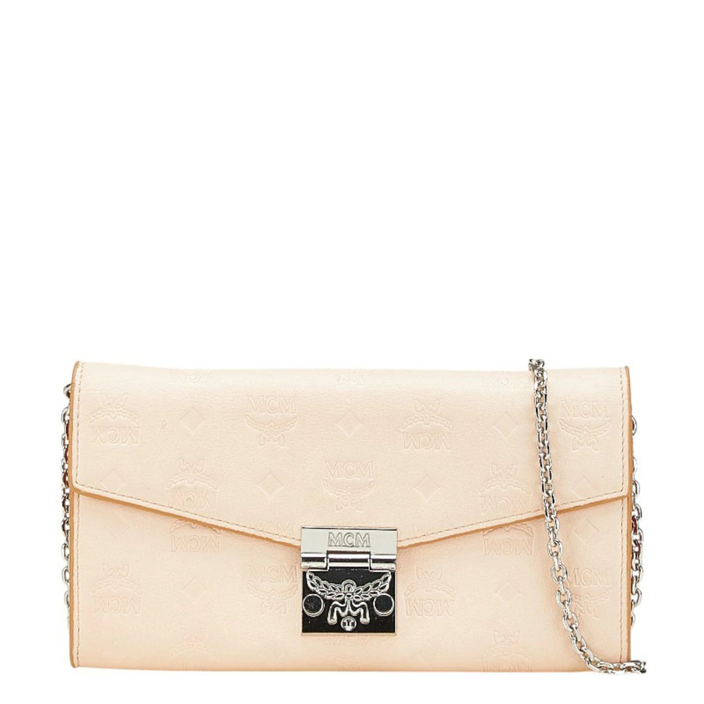 MCM Visetos Chain Wallet Long Pink Beige Leather